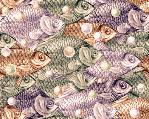 Texture from hand drawn large fish with scales. Carps, perches and dorado in a seamless pattern for textiles and fashion designs