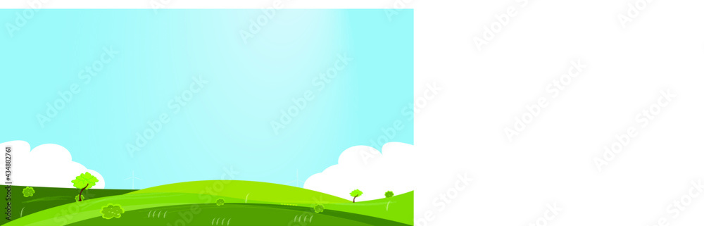 Vector illustration of beautiful natural windmill grassland scenery with green hills, bright blue sky, flat cartoon style background