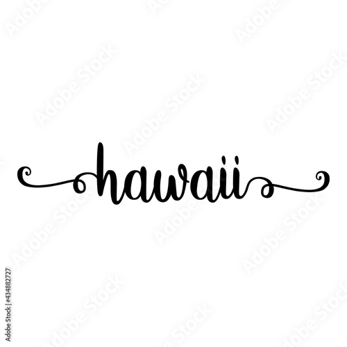 Banner con texto manuscrito hawaii escrito a mano con florituras en color negro
