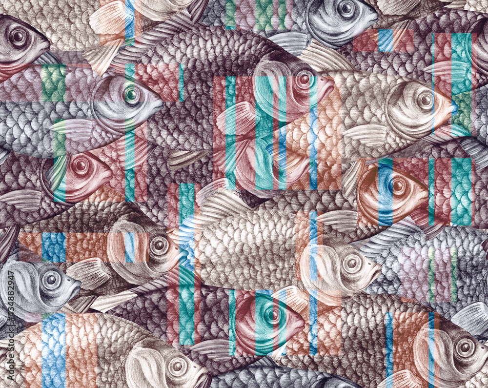 Fototapeta premium Texture from hand drawn large fish with scales. Carps, perches and dorado in a seamless pattern for textiles and fashion designs