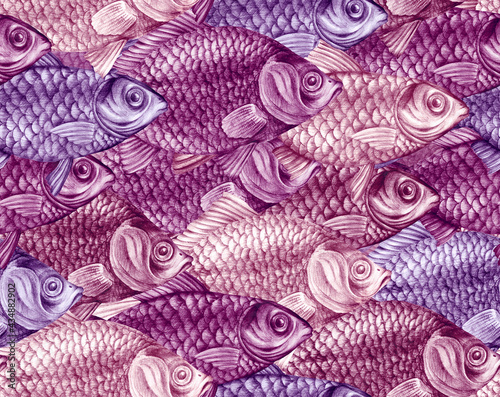 Texture from hand drawn large fish with scales. Carps, perches and dorado in a seamless pattern for textiles and fashion designs