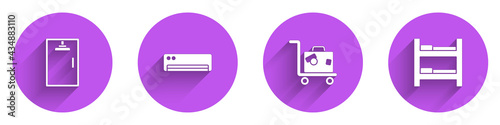 Set Shower cabin, Air conditioner, Suitcase and Hotel room bed icon with long shadow. Vector