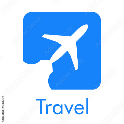 Logotipo con texto Travel y silueta de avión con trayectoria en cuadrado en color azul	