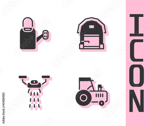 Set Tractor, Watering can, Smart farm with drone and Farm house icon. Vector