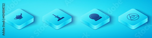 Set Isometric Magic lamp or Aladdin, Sword the stone, Masons and ball icon. Vector