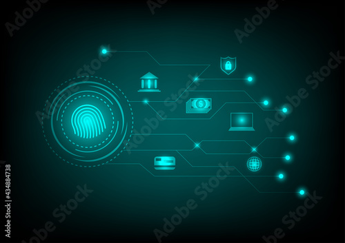 Business and security concept. Fingerprint security with the bank, credit card, laptop, an icon for protecting money on the green line, and dot technology background.