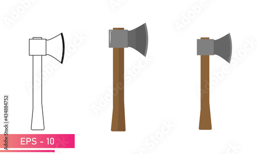 A set of axes with a wooden handle. Realistic and linear design. On a white background. Tools for the forester and woodcutter. Flat vector illustration.
