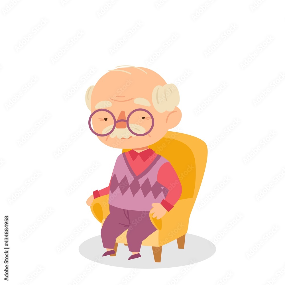 Cartoon grandfather resting in a chair. Character isolate on white background . Vector illustration