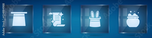 Set Magic hat, Ancient magic book, Magician and rabbit ears and Witch cauldron. Square glass panels. Vector
