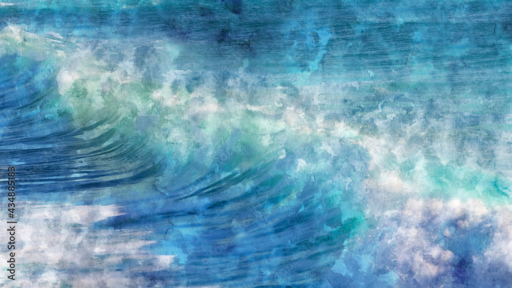 Abstract blue sea waves with foam watercolor background. Artistic painted background for design, wallpaper, texture. Modern art. Contemporary art.