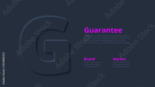 Vector dark neumorphic infographic. Presentation slide template. Business infographics concept with letter G and place for your text