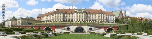 Panorama of the Royal Castle in Warsaw (Zamek Krolewski). View from the east side. View of the garden and arcades of Kubicky (Arkady Kubickiego)