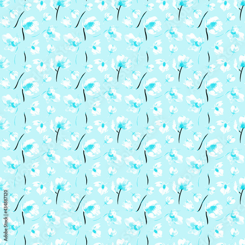 Fototapeta Naklejka Na Ścianę i Meble -  Floral pattern. Pretty flowers on blue background. Small white flowers. Ditsy print. Seamless watercolor texture. 