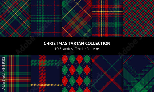 Check plaid pattern set for Christmas in red, green, yellow, navy blue. Seamless dark multicolored tartan vector plaids for flannel shirt, blanket, other modern winter holiday fashion fabric design.