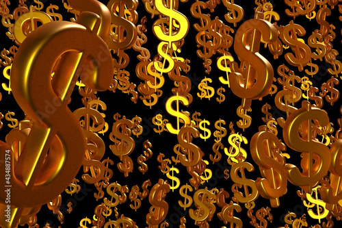 Many 3d dollar symbol, gold color, drop, on black background.