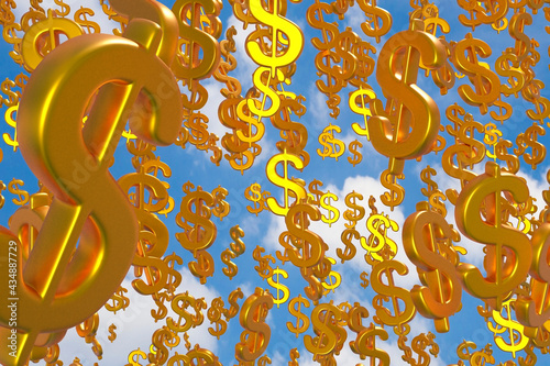 Many 3d dollar symbol, gold color, drop, on sky background.