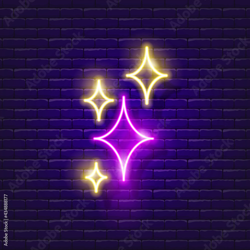 Yellow stars neon sign. Glitter symbol glowing icon. Cleaning concept. Vector illustration for design.