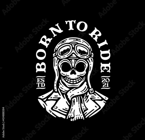 logo badge of skull face biker with scarf and helmet pilot illustration in vintage design