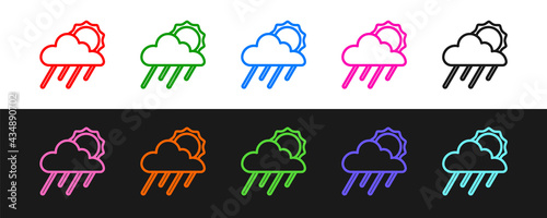 Set line Cloud with rain and sun icon isolated on black and white background. Rain cloud precipitation with rain drops. Vector