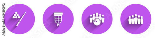 Set Billiard cue and ball, pocket, Bowling pin and icon with long shadow. Vector