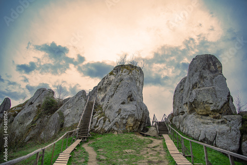 High perspective view of the mountains during sunset. Some mountain peaks. The concept of landscape and nature.