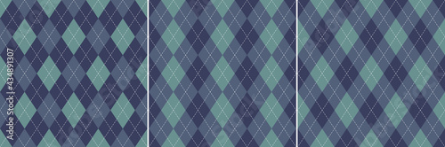 Argyle pattern in blue and green. Seamless vector geometric stitched argyll dark background graphic set for spring gift paper, socks, sweater, jumper, other fashion everyday textile or paper print.