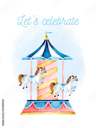 Children carousel with horses watercolor card invitation