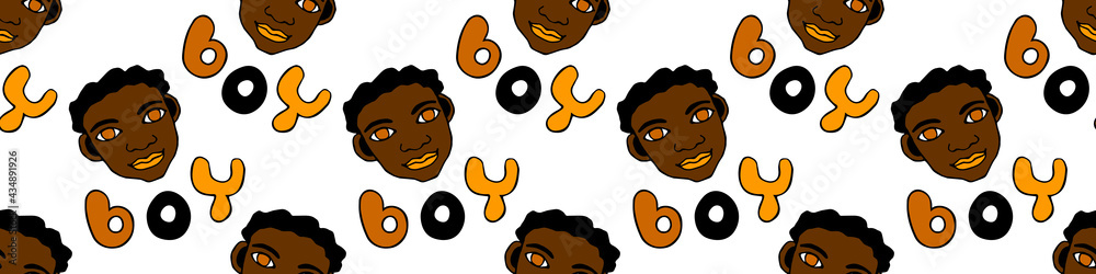 Seamless pattern with cartoon face vector boys and letterings. Hand drawn Doodle head of kids people. Childish texture backdrop