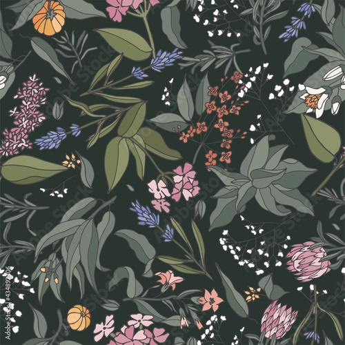 Vector illustration - seamless pattern with plants, herbs and flowers. Flowers background for cosmetics packaging.