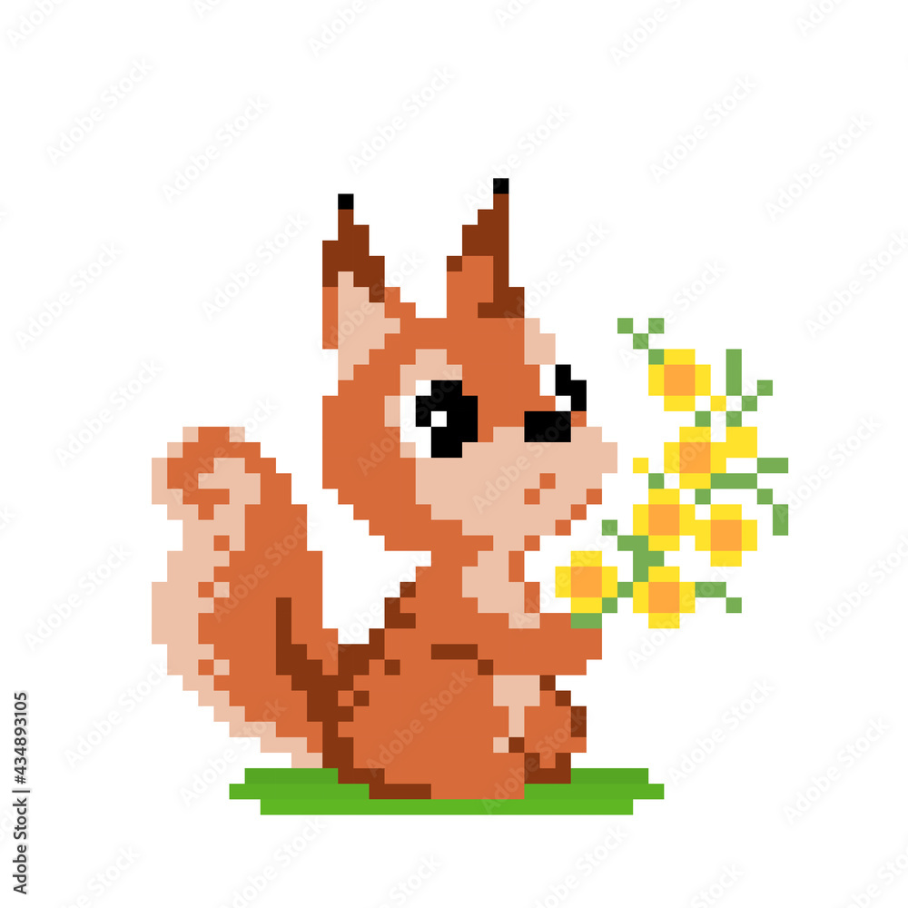 pixel squirrel holding flowers. Vector illustration of a cross stitch pattern.
