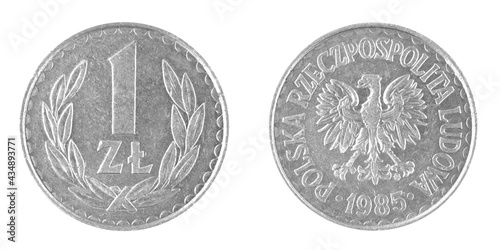 Polish one 1 zloty coin PRL 1985 isolated on a white background
