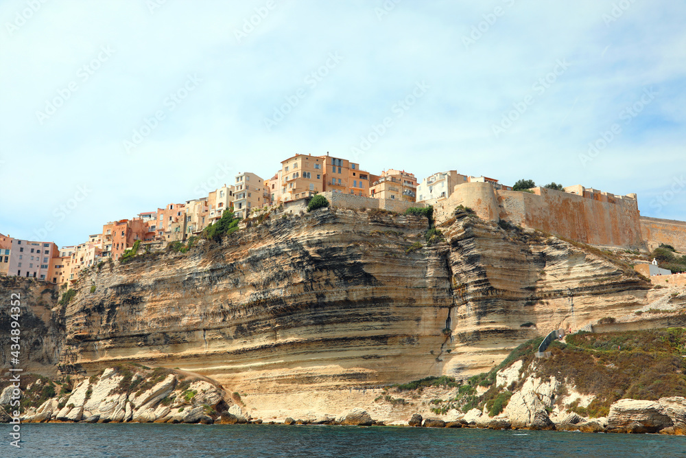 Houses of the town of Bonifacio in the French island Corsica built over the cliff