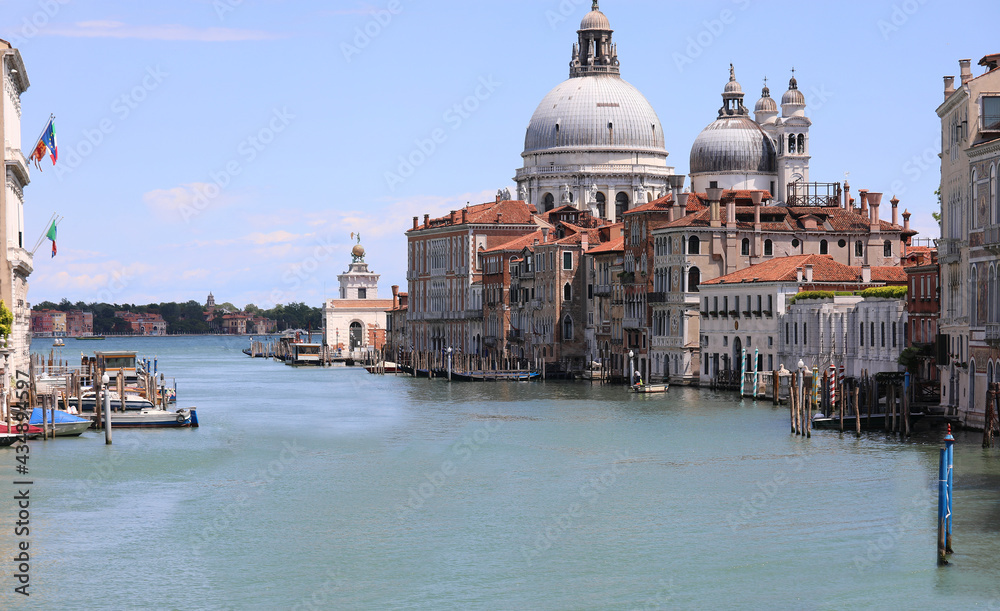Grand Canal in Venice without any boats during the lockdown and the great dome of the Church of the Madonna della Salute
