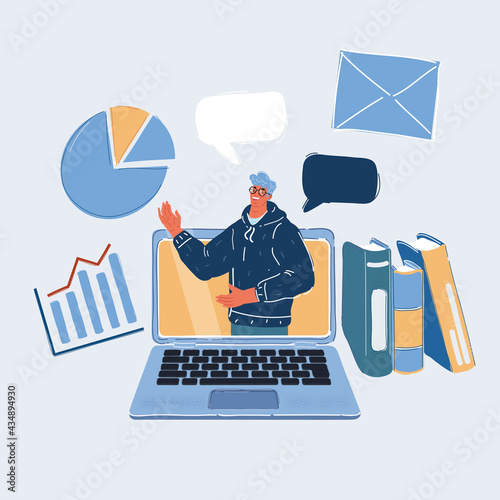 Vector illustration of Speaker giving talk at online Conference. Online training. Teacher teacher conducts a lecture on white backround