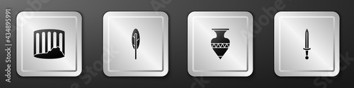 Set Ancient column, Feather pen, amphorae and Medieval sword icon. Silver square button. Vector