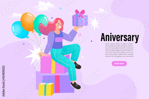 Girl sitting on a gift box. The concept of promotional marketing  special offer or comapny birthday or anniversary. woman celebrating Christmas party. vector illustration