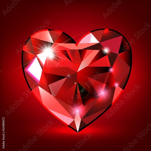 ruby heart shaped on red background vector