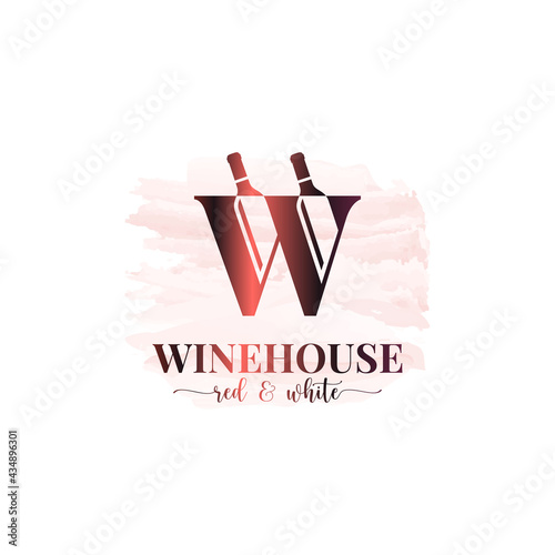 Wine bottles logo. Letter W logo watercolor wine