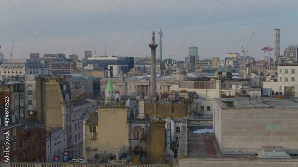 Aerial drone view over London tracking across Whitehall looking towards Nelson's Column and Trafalgar Square Aerial drone view over London tracking across Whitehall looking towards Nelson's Column and Trafalgar Square