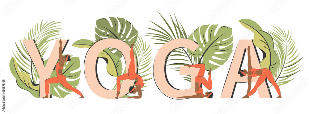 Fototapeta premium Yoga poses set near letters. African-american woman doing various yoga exercises and stretching. Character demonstrating various yoga positions. Vector illustration in a flat style