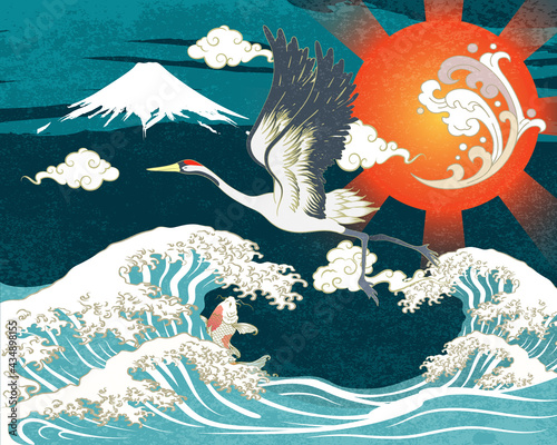 Abstract Art White Crane Flying with Wings Above Japanese Torrential wave, Gradient Sun with Water Splash and Golden Clouds and Fuji Mountain On Plain Blue Background Vector Graphics Design Template