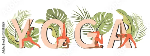 Fototapeta Yoga poses set near letters. African-american woman doing various yoga exercises and stretching. Character demonstrating various yoga positions. Vector illustration in a flat style
