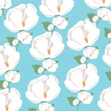 Pattern of white large peonies on a blue background. Illustration of branches of spring flowers.