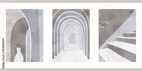 Set of three abstract graphic aesthetic backgrounds with stairs, arc, leaves in Boho style. Trendy vector illustration in gray colors for wall decoration, postcard or brochure, social media.