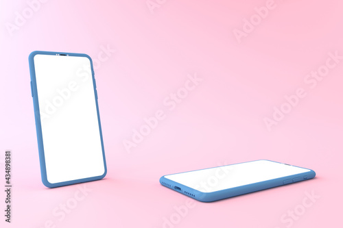3D rendering of mockup blue smartphone white screen on pink floor, blue Mobile phone tilted and lay down on the ground. Smartphone white screen can be used for advertising,Isolated on pink background.