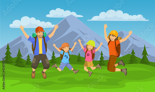 Happy family, jumping for joy to go camping, travel, hiking or trekking outdoors scene. Mountain landscape background