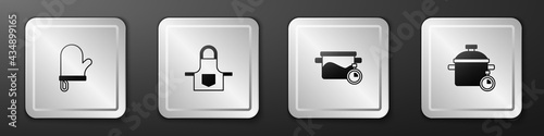 Set Oven glove, Kitchen apron, Cooking pot and icon. Silver square button. Vector