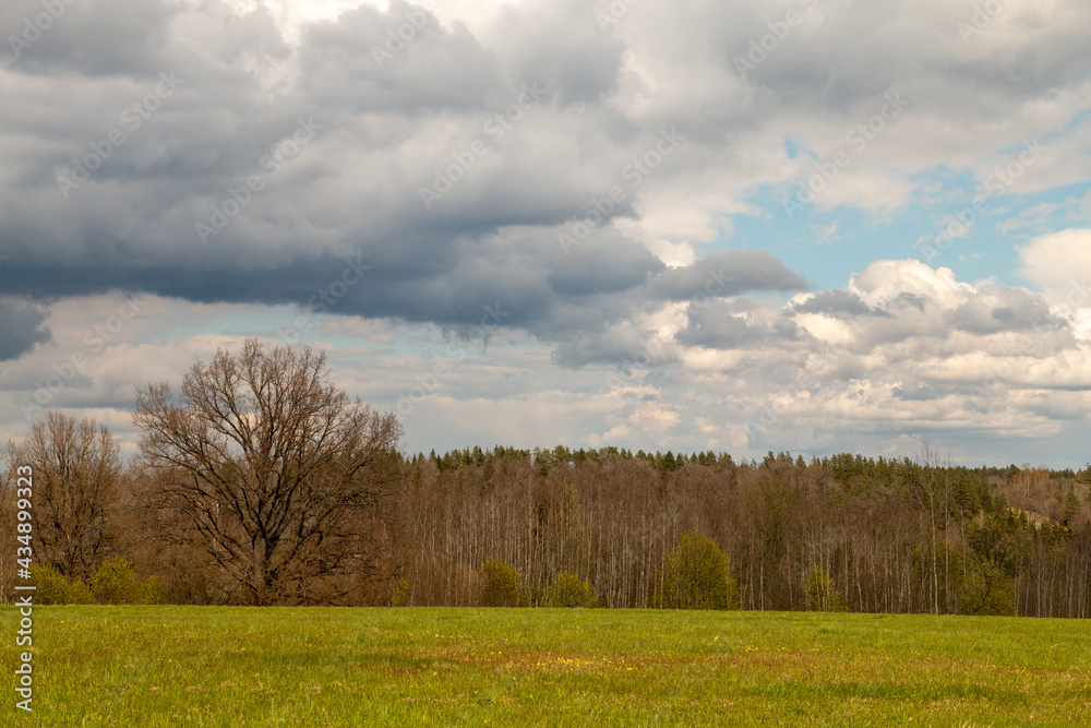 Natural landscape with dramatic clouds on a spring day