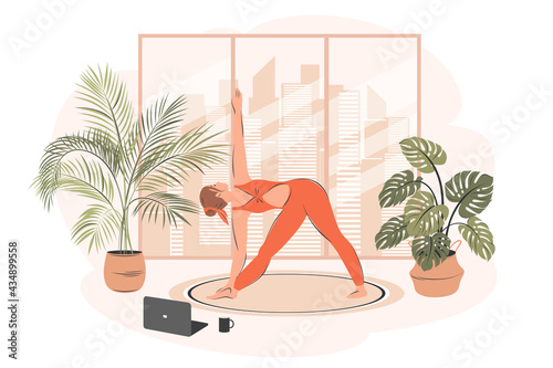 Young woman doing yoga exercises and stretching on the mat. Girl watching online classes on laptop. Female character practicing in yoga studio or home. Flat vector illustration.