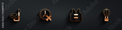 Set Diving mask and snorkel, Clock with airplane, Life jacket and Hot balloon icon with long shadow. Vector